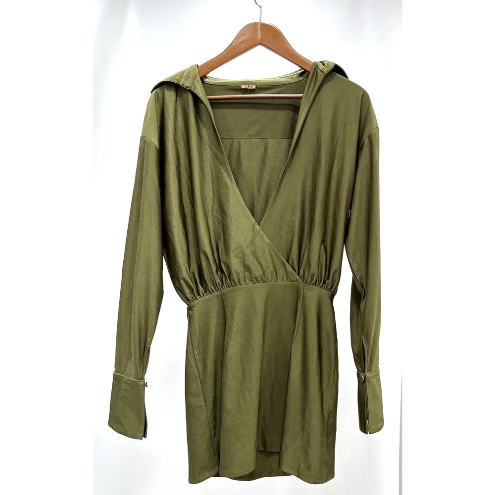 SER.O.YA Womens Size Med Green V Neck Collared Dress Shirtdress Cocktail NWOT